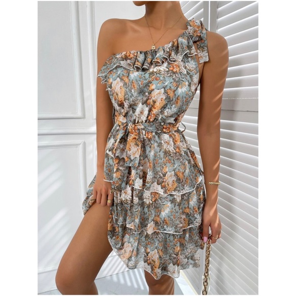 Boho Swiss dot One Shoulder Ruffle Mini Dress - Picture 10 of 13